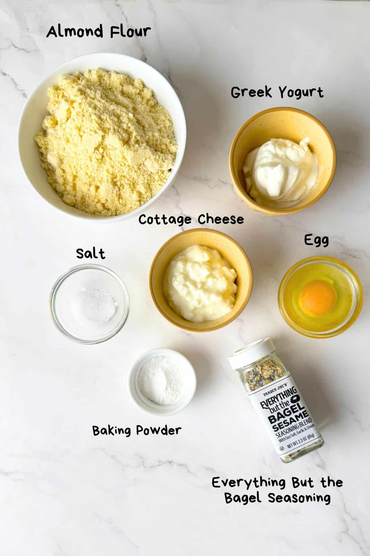 Ingredients for the high protein cottage cheese low carb bagels.