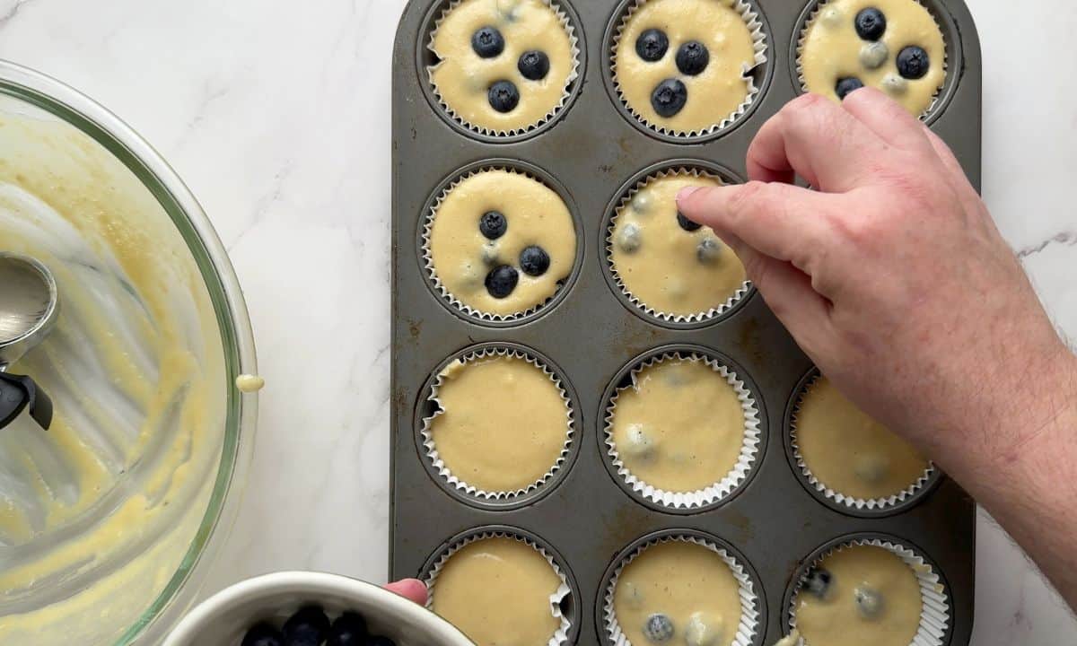 Adding fresh blueberries to the top of the muffins.