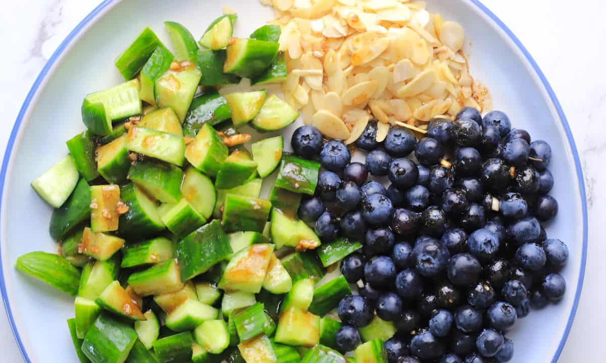 Wide shot of low carb blueberry salad on a plate.