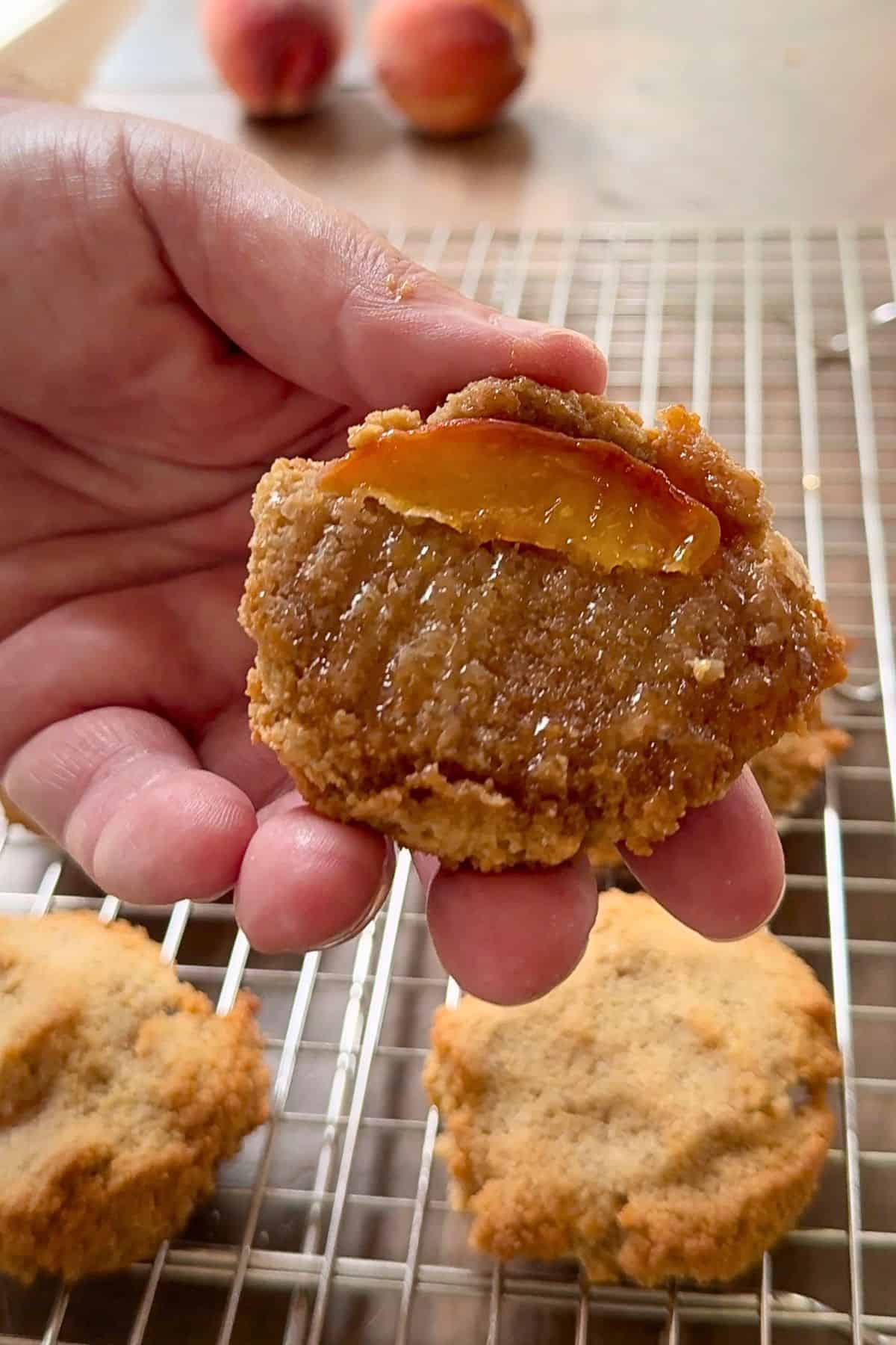 Image of the bottom of a low carb peach upside down cookie.