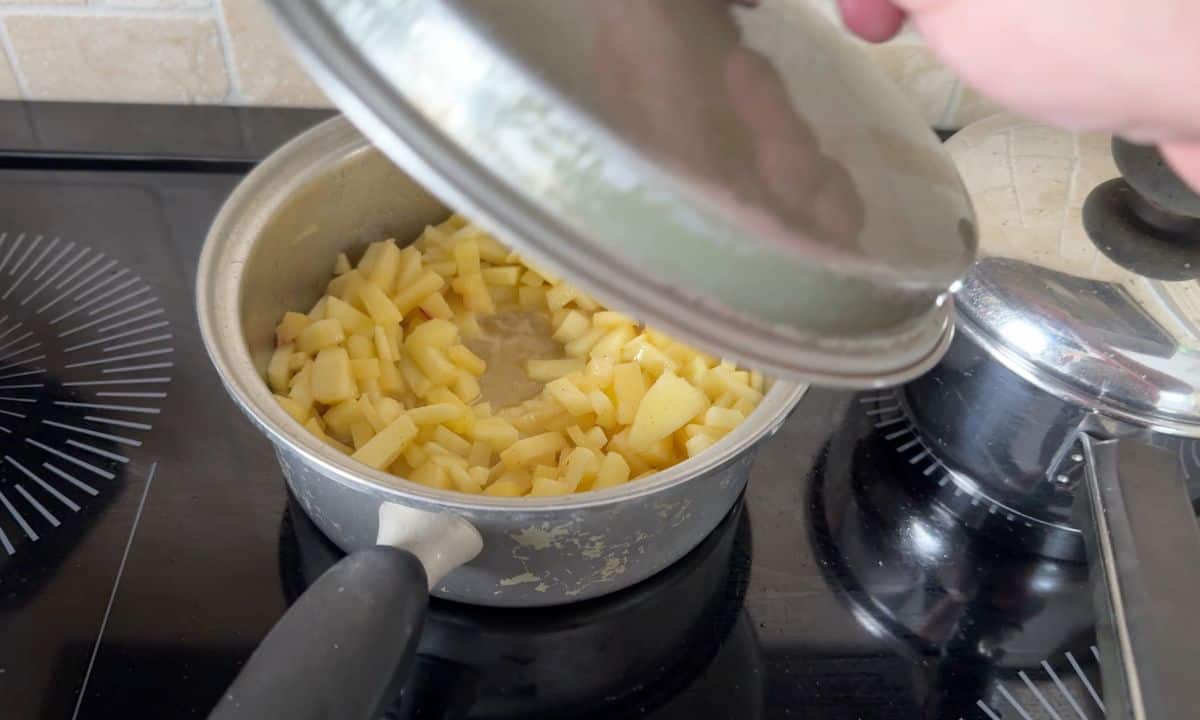 Diced apples in the sauce pan.