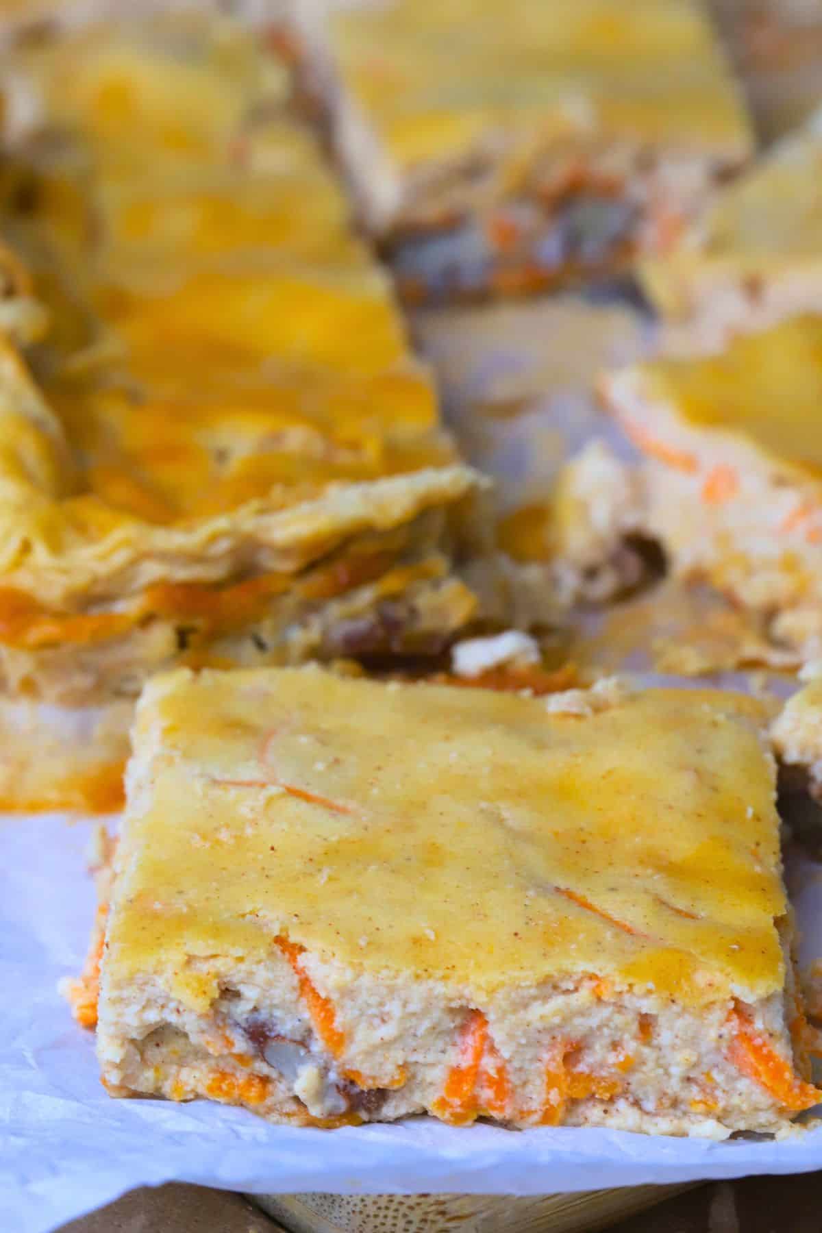 close up of the cottage cheese carrot cake bars.