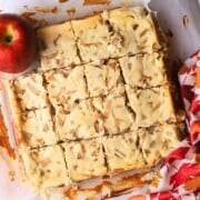 Low carb apple cheesecake bars cut into squares.