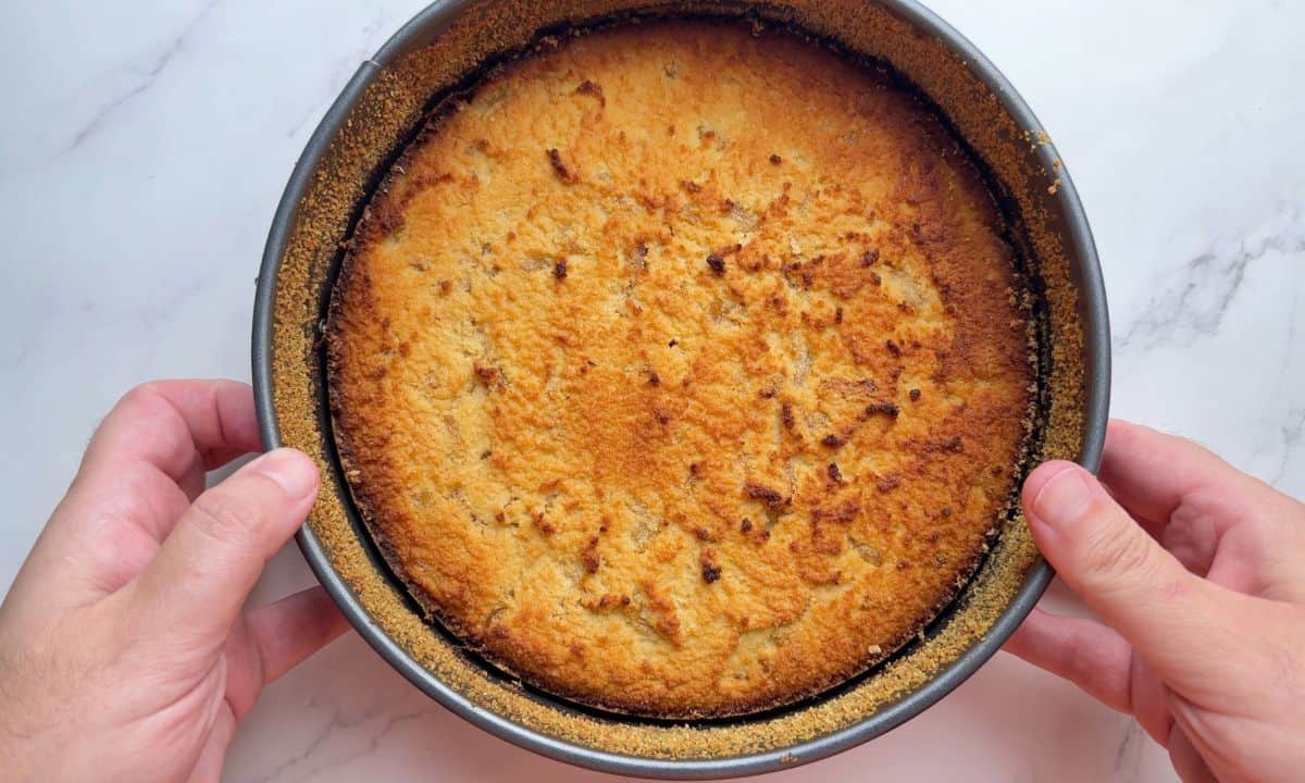 Baked apple cake in the pan.
