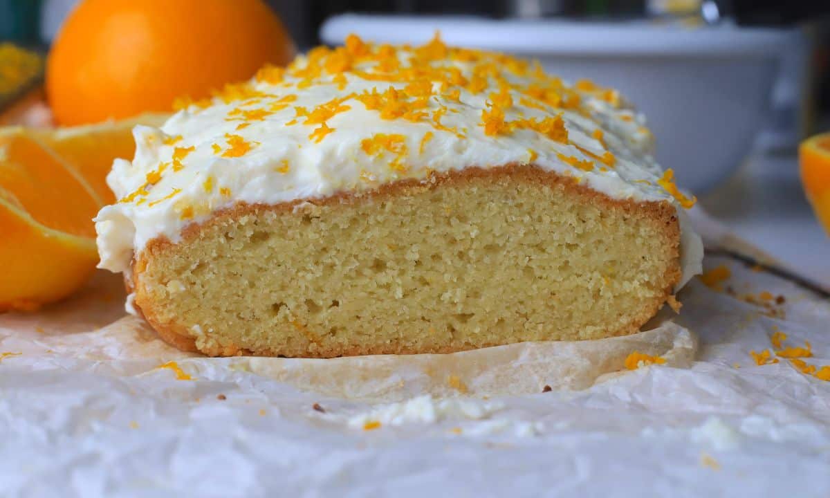 Wide view of the low carb orange loaf cake.