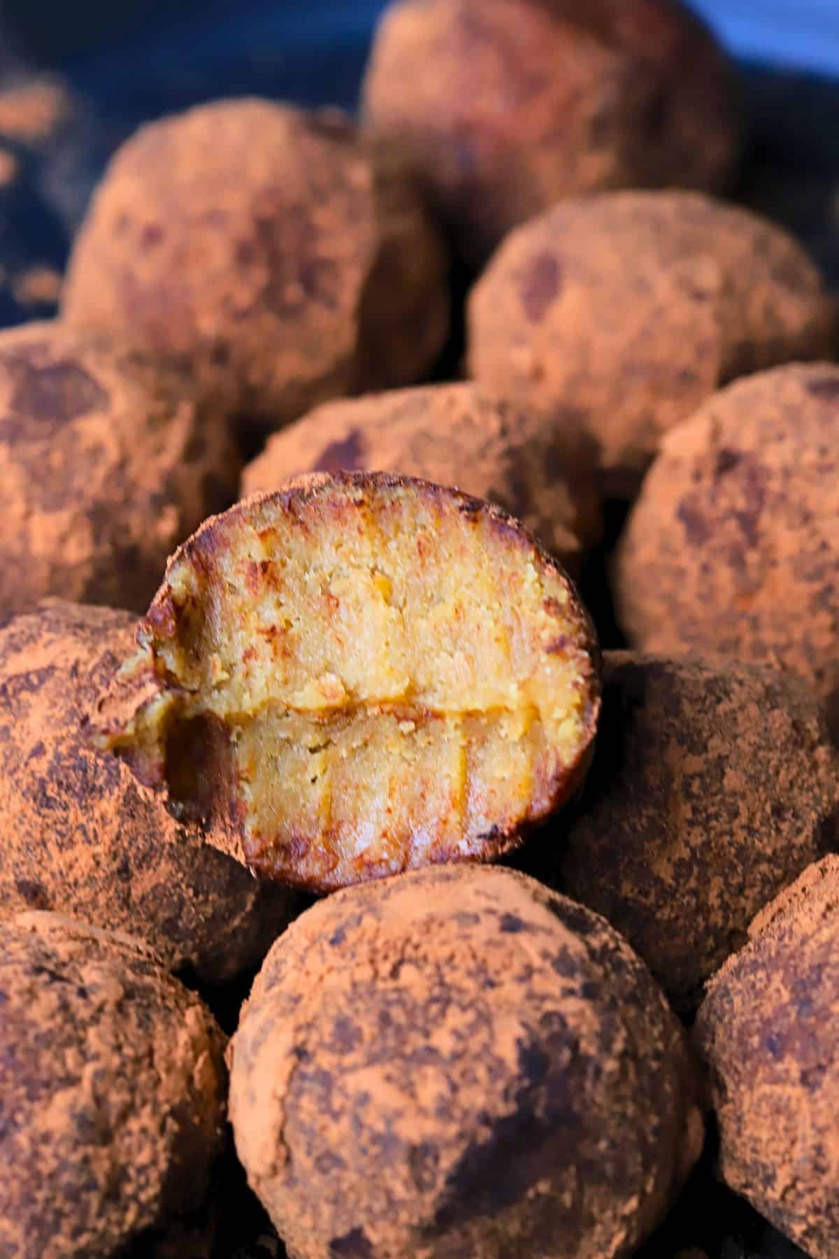 Close up bite of a low carb tiramisu protein ball.