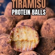 Close up bite of a low carb tiramisu protein ball.