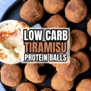 Low carb tiramisu protein balls on a plate next to the dip and a cup of coffee.