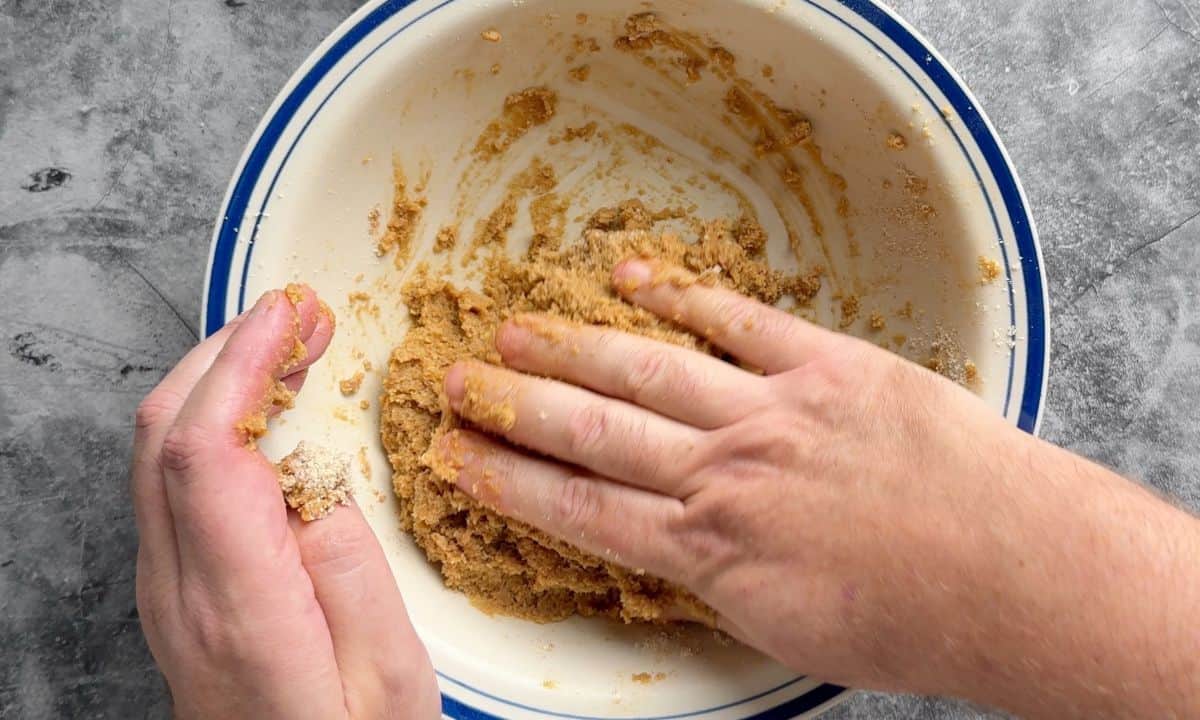 Mixing the wet ingredients by hand.