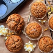 Low carb gingerbread muffins on parchment paper with a bow.