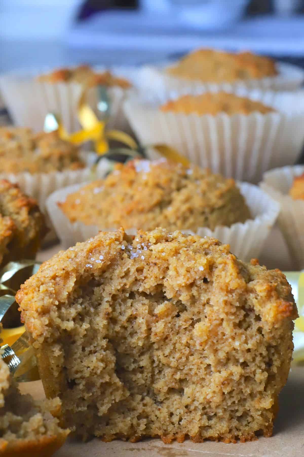 Low carb gingerbread muffins on parchment paper with a bow.