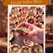 Holding a low carb holiday pecan toffee bite.