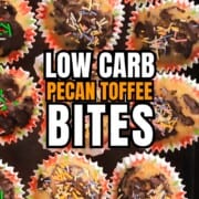 Low carb holiday pecan toffee bites on a tray pin image.
