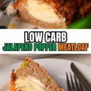 Low carb jalapeno popper meatloaf on a platter with a slice on a plate.