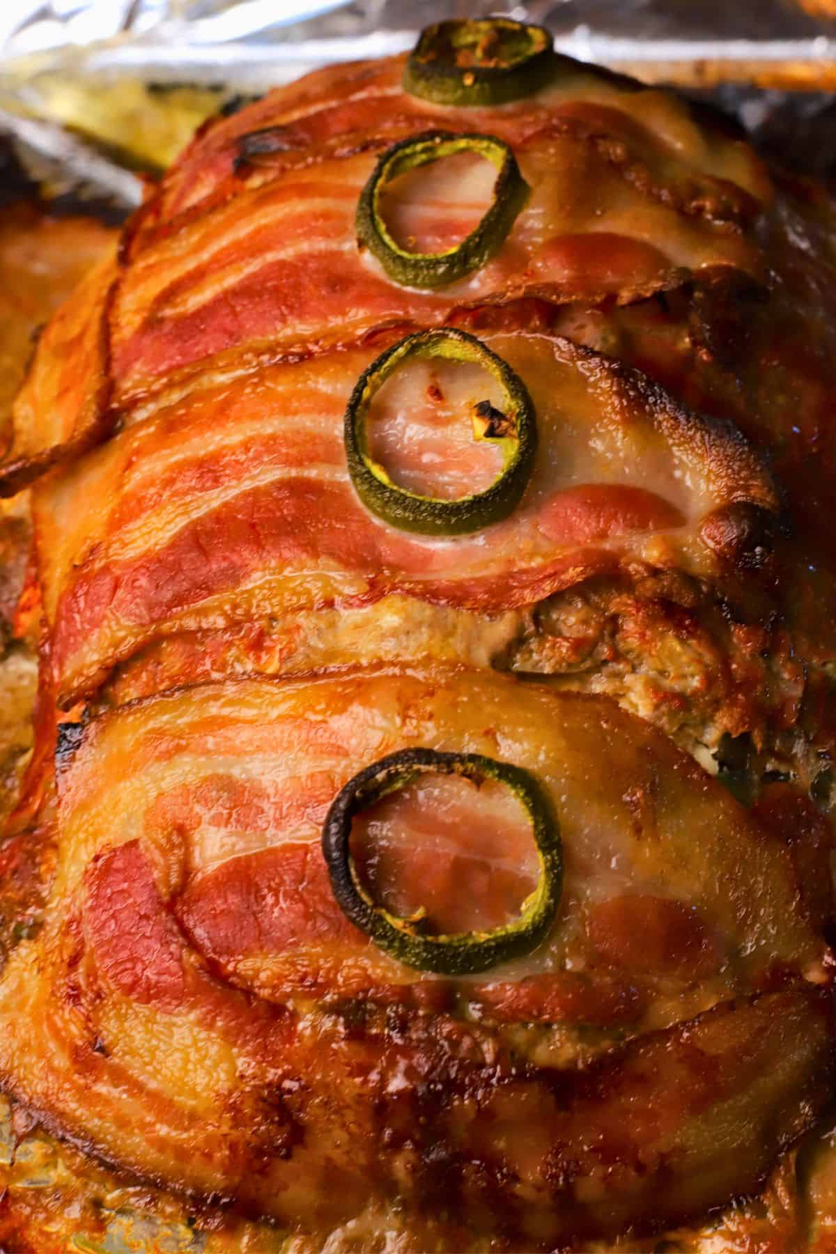Low carb jalapeno popper meatloaf on a platter.
