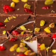 Low carb pistachio cranberry chocolate bark in pieces.