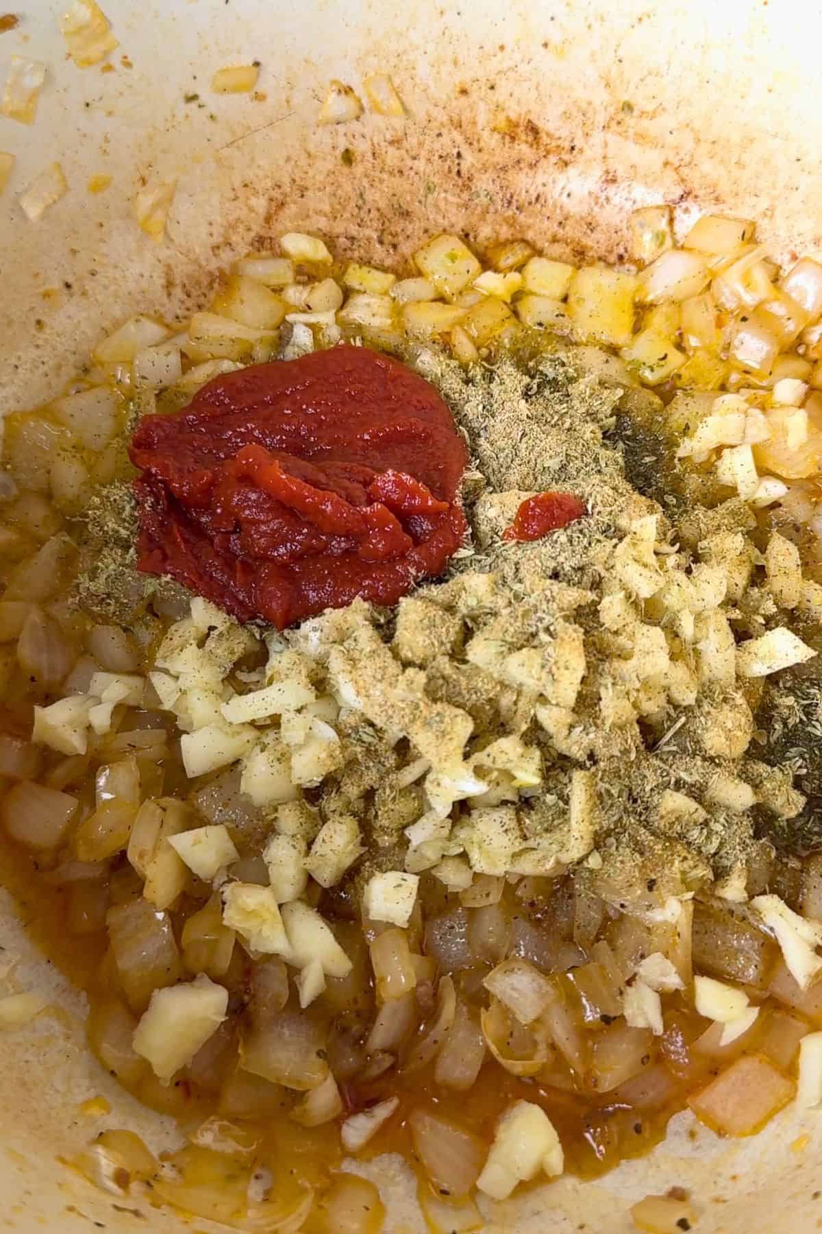 Garlic, onions, seasoning and tomato paste in the pot.