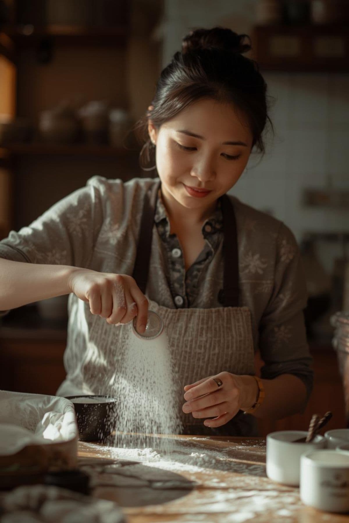 Female in kitchen using sweetener.