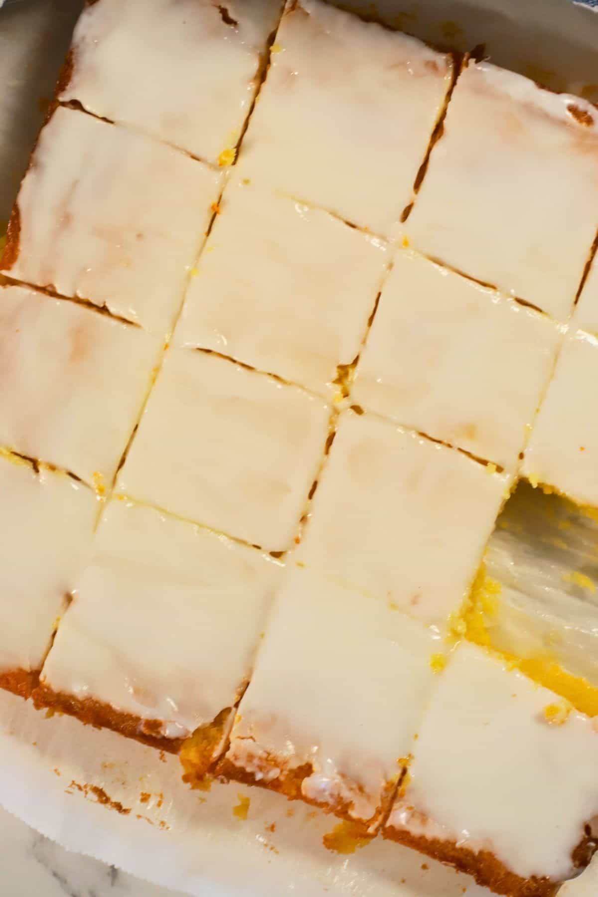 Low carb lemon brownies cut into squares.