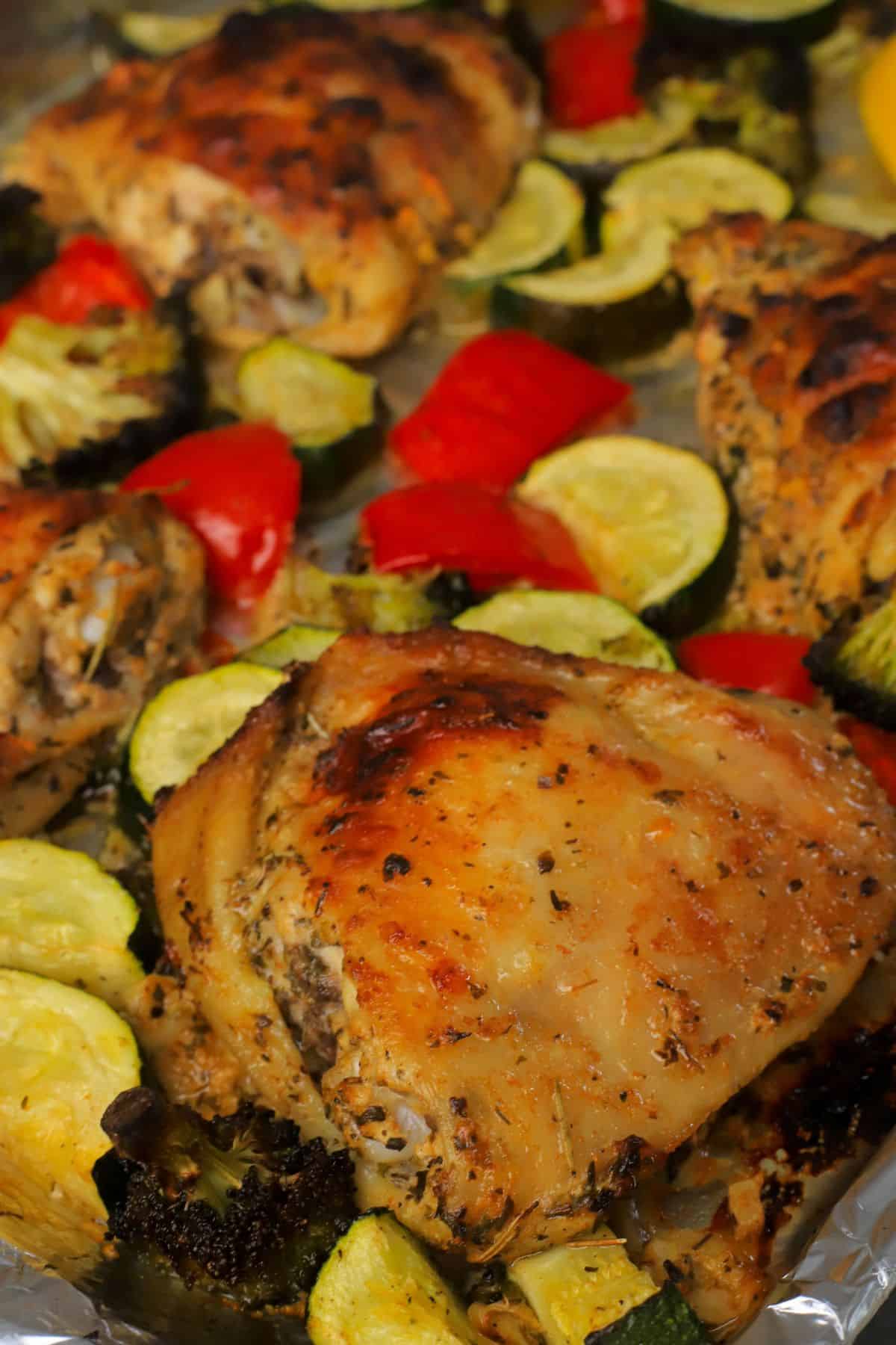 Closeup of low carb lemon garlic chicken with vegetables.