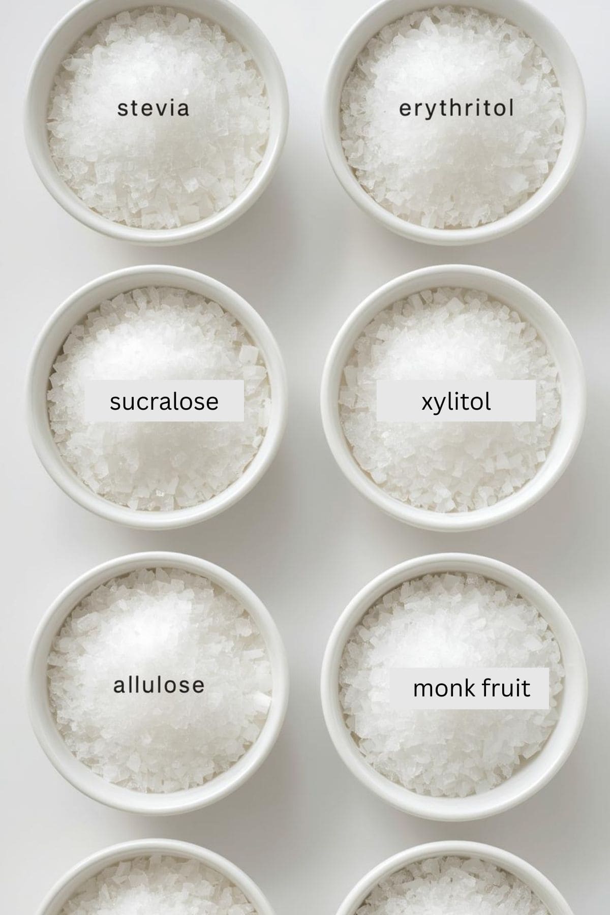 Grid of different sweeteners in bowls.