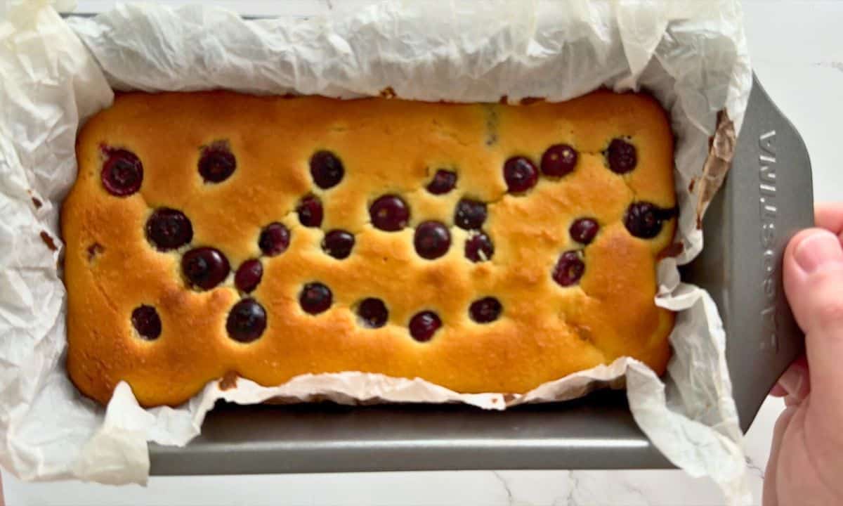 Baked loaf in the loaf pan.