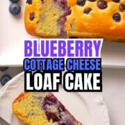 Low carb blueberry cottage cheese loaf cake on a platter for a pinterest image.
