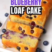 Low carb blueberry cottage cheese loaf cake on a platter for a pinterest image.