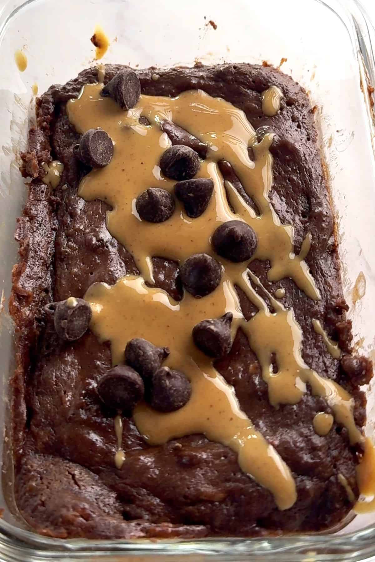 Chocolate chips on top of the protein mug cake.