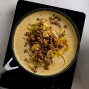 Low carb cabbage beef stroganoff in a skillet.