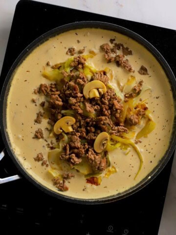 Low carb cabbage beef stroganoff in a skillet.