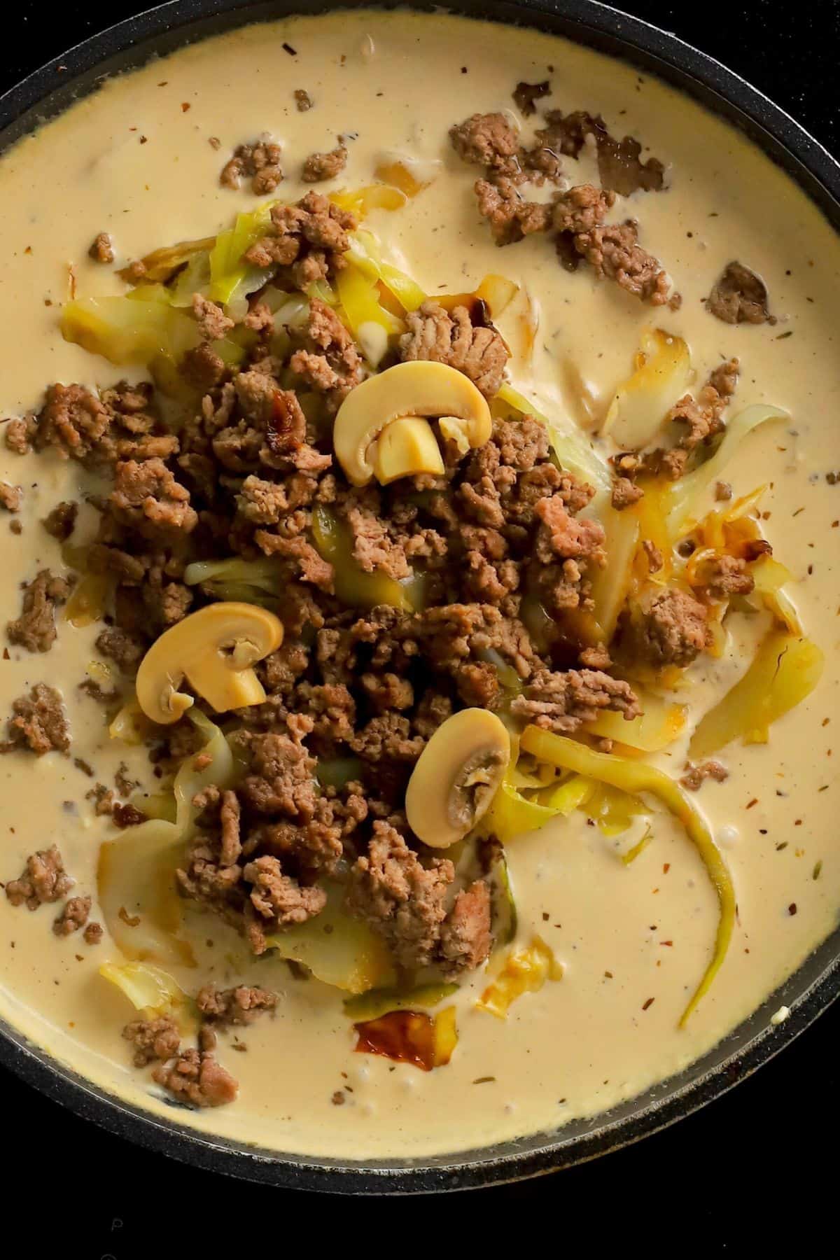 Low carb cabbage beef stroganoff in a skillet.