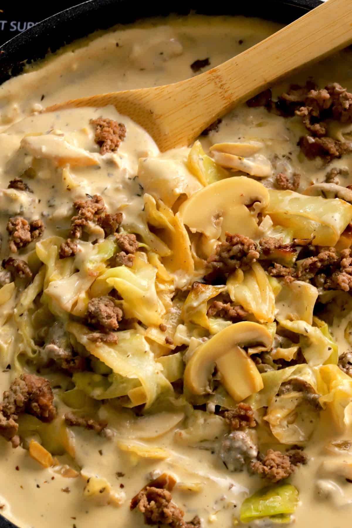 Low carb cabbage beef stroganoff in a skillet.