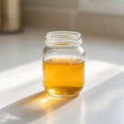 Low carb simple syrup in a jar on the countertop.