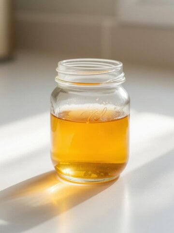 Low carb simple syrup in a jar on the countertop.