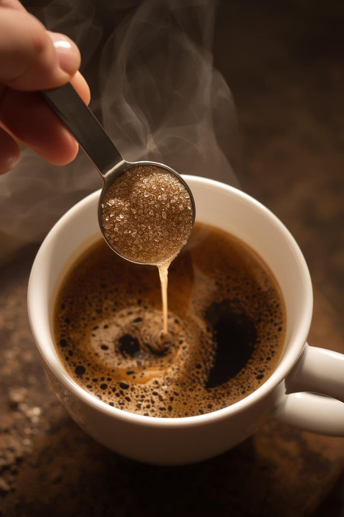 Pouring sweetener into a coffee cup.