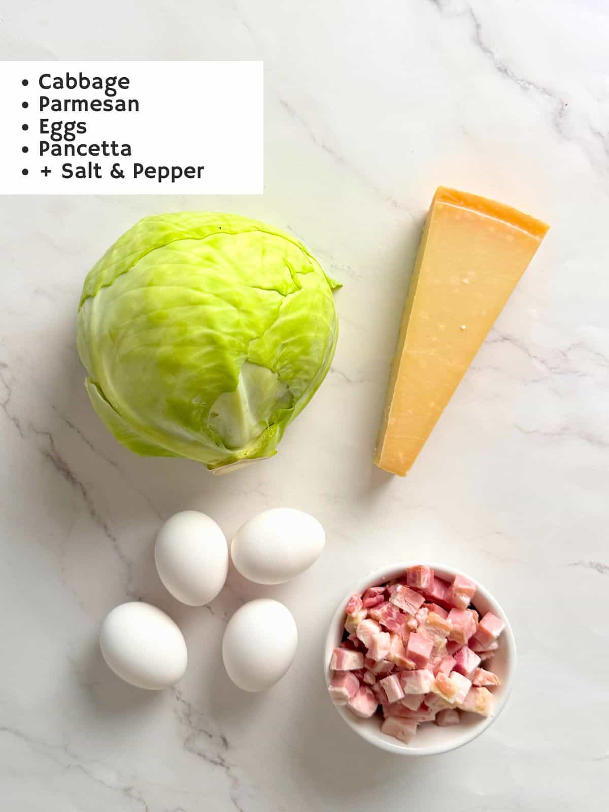 Ingredients for the low carb cabbage carbonara recipe.