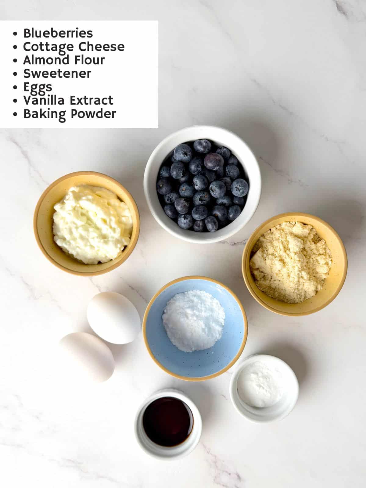 Ingredients for the blueberry cottage cheese pancakes.