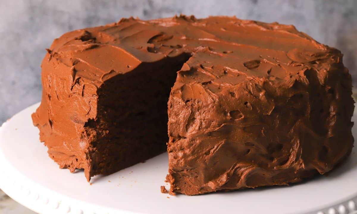 Close up of the diabetic chocolate birthday cake on a cake stand.
