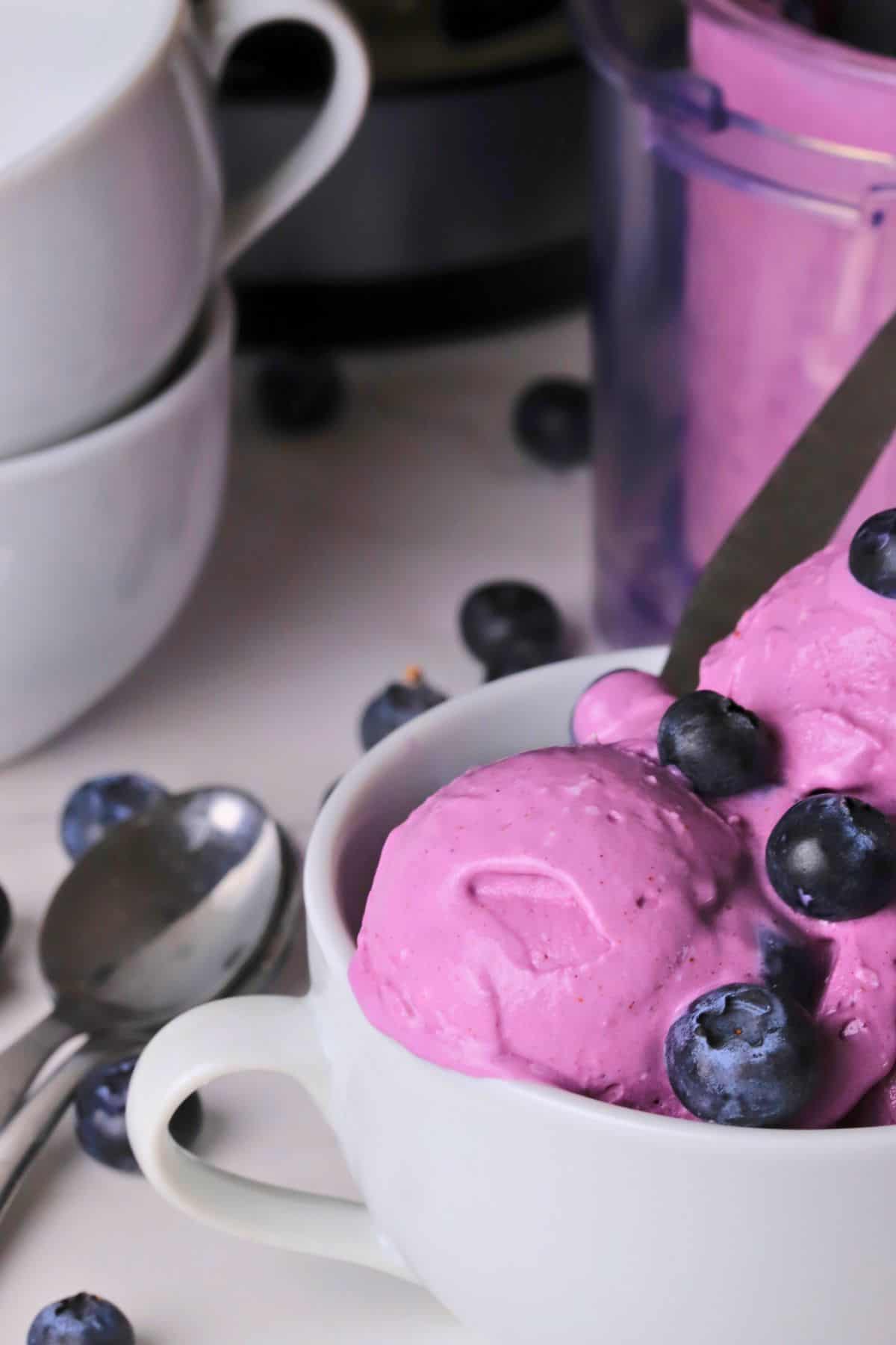 Low carb blueberry cottage cheese ice cream scoops in a bowl topped with fresh blueberries. The ninja cream pint and bowls in the background.