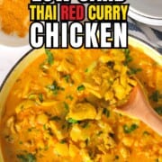 Spooning the low carb thai red curry chicken out of the skillet.