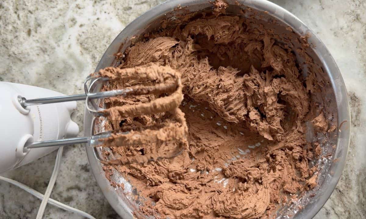 Bowl with frosting and a mixer.