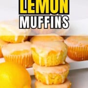 Sugar free lemon muffins stacked on top of each other next to a lemon.