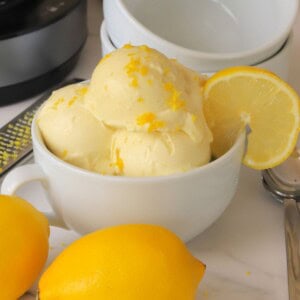 Low carb lemon ice cream in a bowl with a lemon slice.