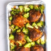 Low carb spicy peanut chicken and broccoli on a sheet pan.