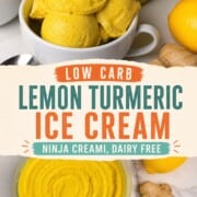 Low carb lemon turmeric ice cream in a bowl next to a lemon, turmeric spices and ginger.