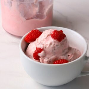 Low carb raspberry chia cottage cheese ice cream in a bowl topped with fresh raspberries.