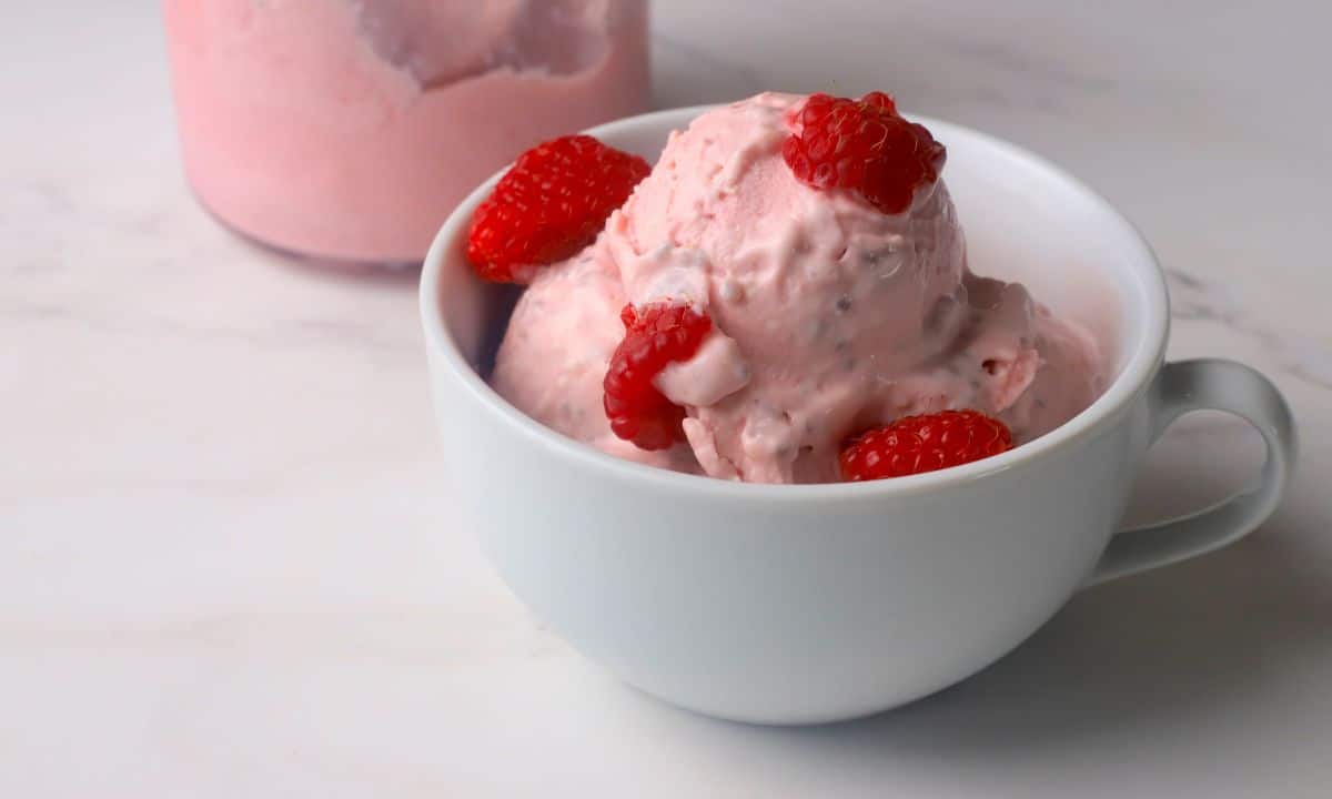 Low carb raspberry chia cottage cheese ice cream in a bowl topped with fresh raspberries.