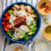 Low carb loaded dill pickle bacon ranch chicken salad in a bowl.