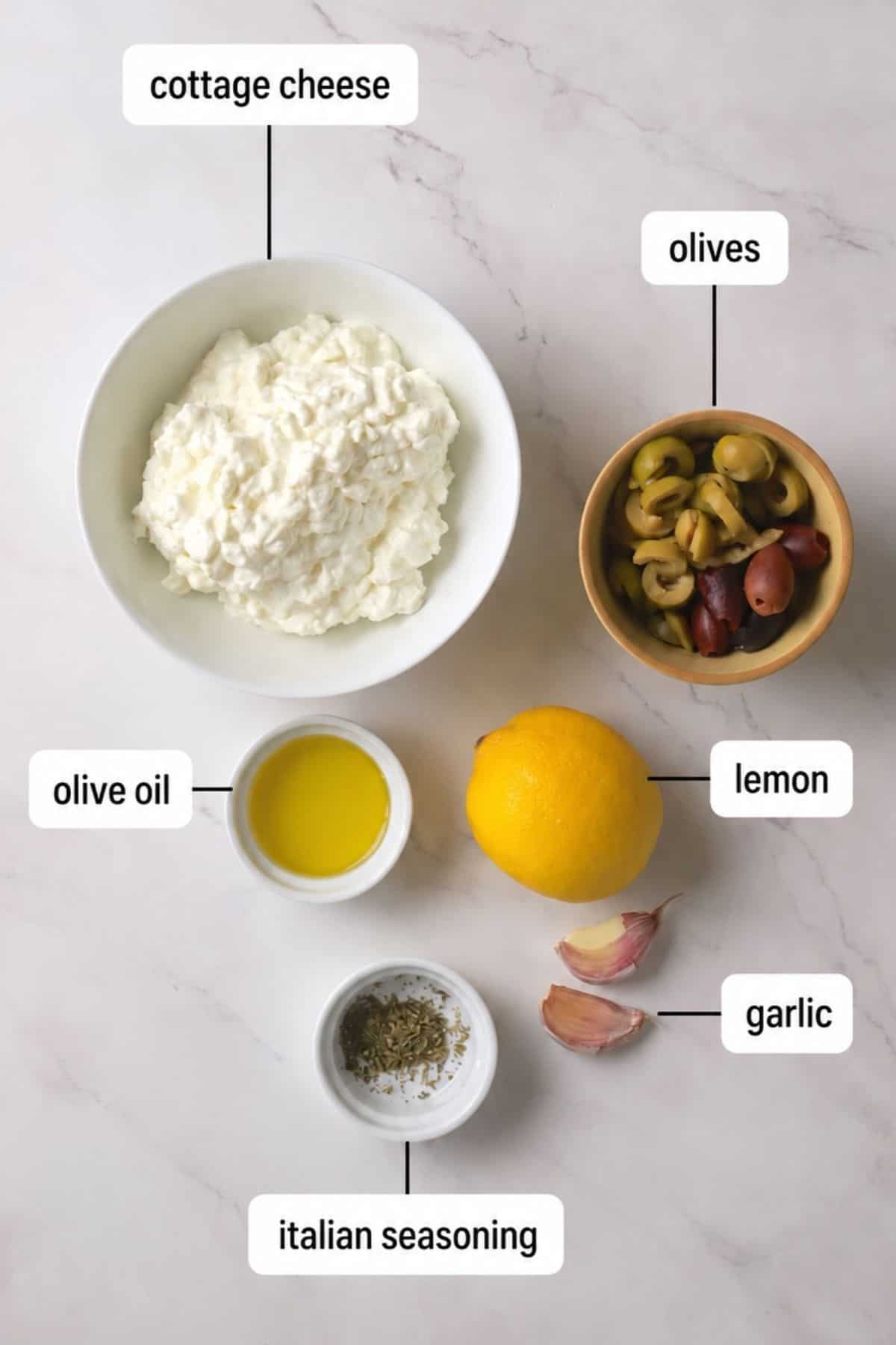 Ingredients labelled for the low carb olive cottage cheese dip.